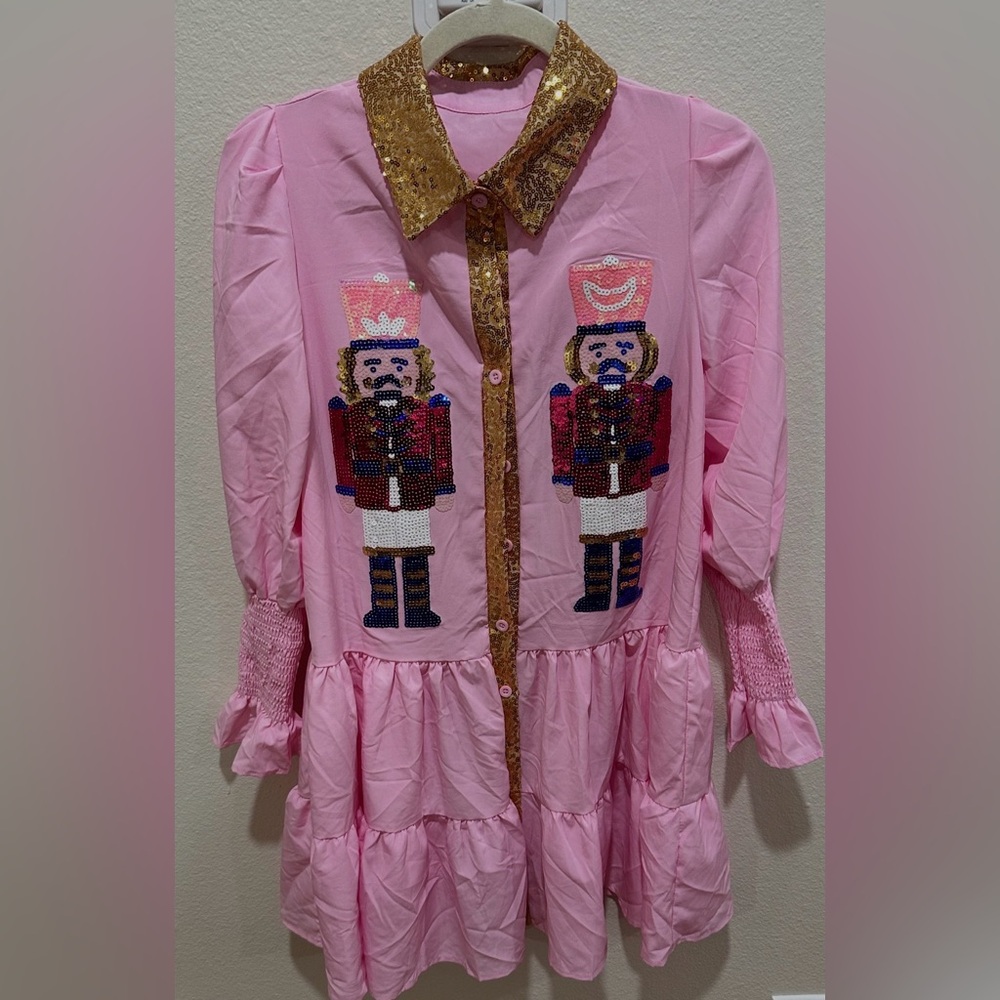 Pink Sequin Nutcracker Christmas Shirt Dress size Medium